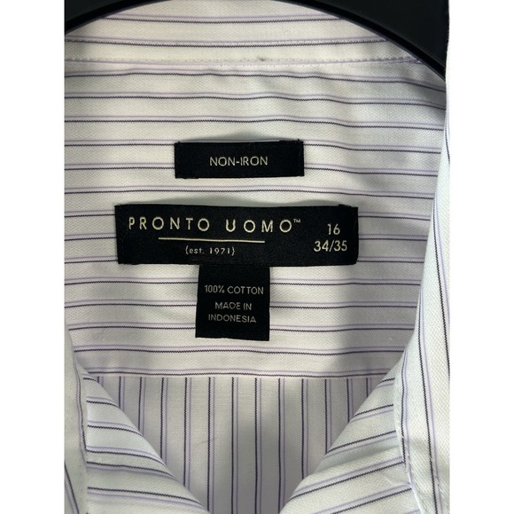 Pronto Uomo Mens White Purple Stripe Dress Shirt 16 34/35 Non Iron 100% Cotton - Picture 2 of 8